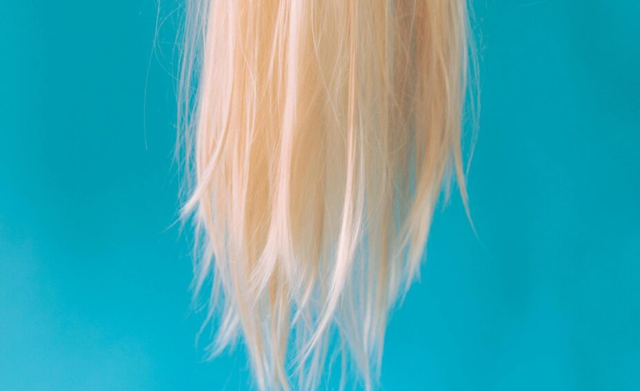 Blondt slitt hår på turkis bakgrunn